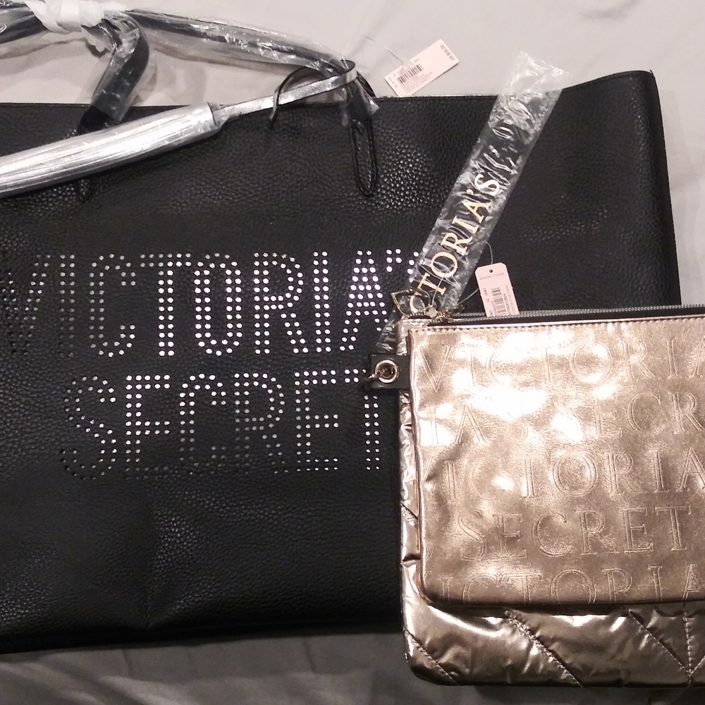 Victoria's Secret Black Tote with Gold Pouch